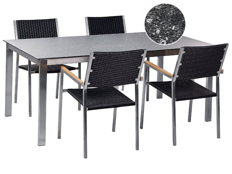 Garden Dining Set Black Granite Effect Tabletop Glass Stainless Steel Frame Set of 4 Chairs PE Rattan Seats Modern Outdoor Style Beliani