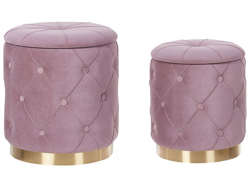 Set of Storage Pouffes Pink Polyester Velvet Button Tufted Upholstery Golden Base Retro Design Beliani