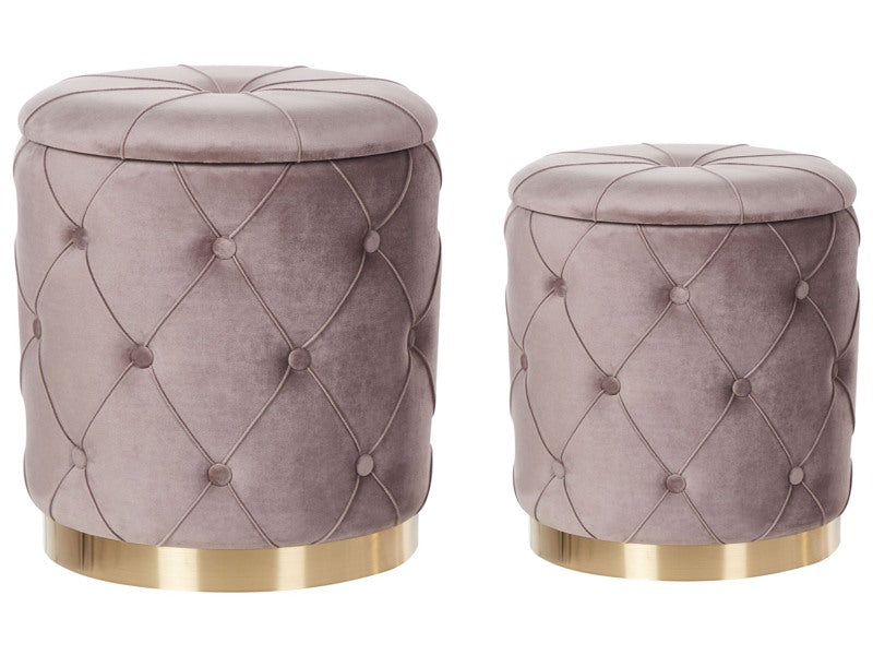 Set of Storage Pouffes Taupe Beige Polyester Velvet Button Tufted Upholstery Golden Base Retro Design Beliani