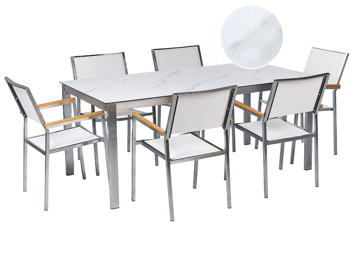 Garden Dining Set Marble Effect White Tabletop Glass Stainless Steel Frame White Set of 6 Chairs Textilene Modern Outdoor Style  Beliani