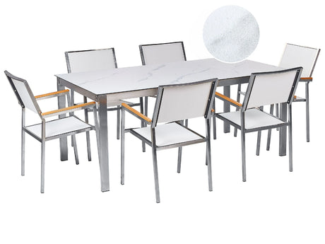 Garden Dining Set Marble Effect White Tabletop Glass Stainless Steel Frame White Set of 6 Chairs Textilene Modern Outdoor Style  Beliani
