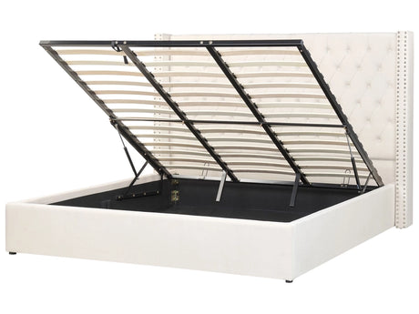 Bed Frame with Storage Off-White Velvet Upholstered 6ft EU Super King Size Ottoman Bed Beliani
