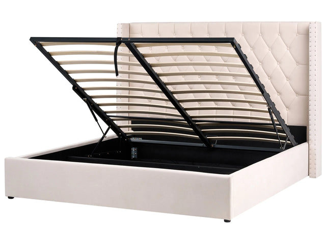 Bed Frame with Storage Off-White Velvet Upholstered 6ft EU Super King Size Ottoman Bed Beliani
