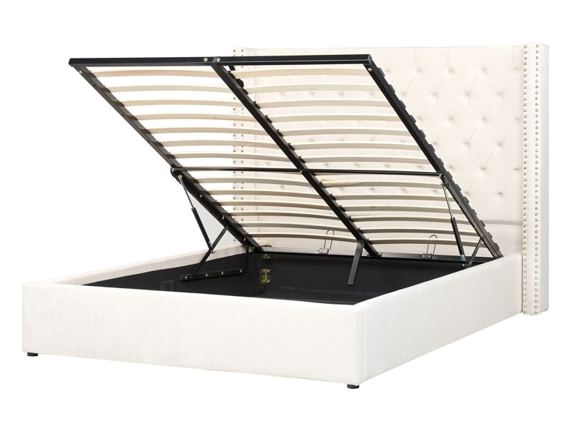 Bed Frame with Storage Off-White Velvet Upholstered 4ft6 EU Double Size Ottoman Bed Beliani