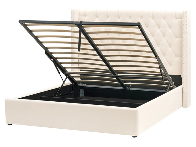 Bed Frame with Storage Off-White Velvet Upholstered 5ft3 EU King Size Ottoman Bed Beliani