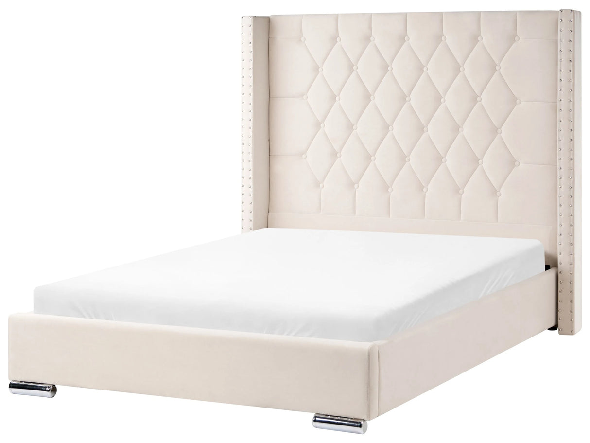 Slatted Bed Frame Off-White Velvet 4ft6 EU Double Size Upholstered Tufted Headrest Nailhead Trim Glam Design Beliani