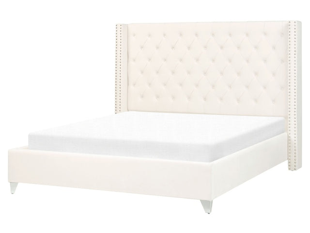 Slatted Bed Frame Off-White Velvet 5ft3 EU King Size Upholstered Tufted Headrest Nailhead Trim Glam Design Beliani