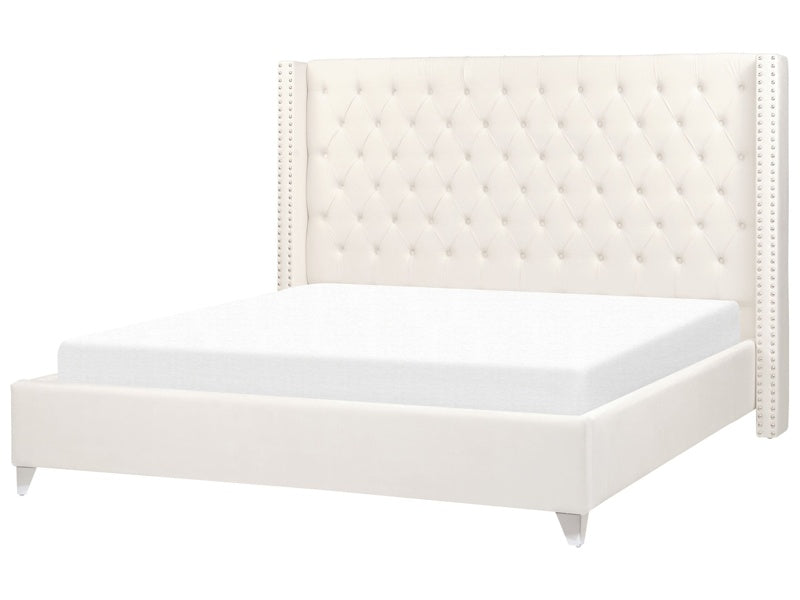 Slatted Bed Frame Off-White Velvet 6ft EU Super King Size Upholstered Tufted Headrest Nailhead Trim Glam Design Beliani