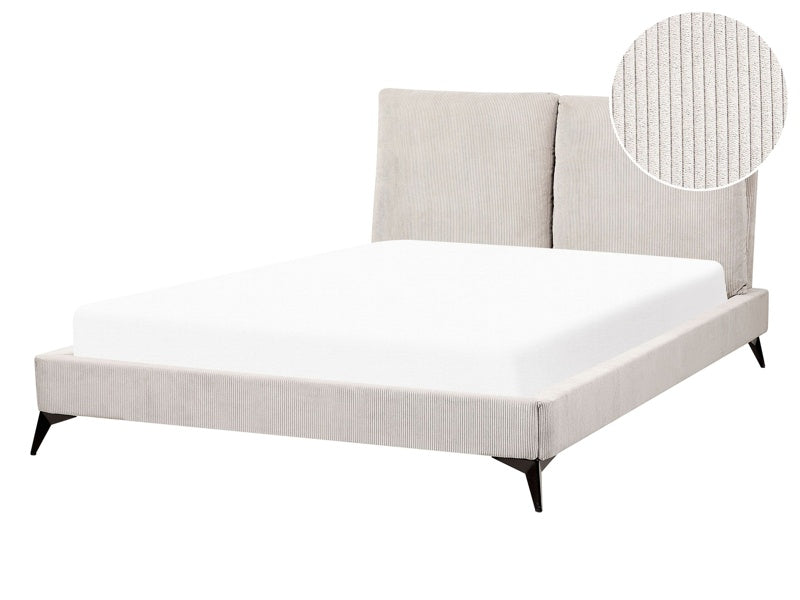 EU Double Size Bed Light Beige Corduroy Upholstery 4ft6 Slatted Base with Thick Padded Headboard with Cushions Beliani