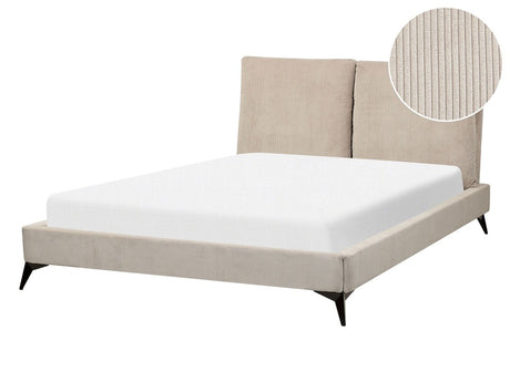 EU Double Size Bed Taupe Corduroy Upholstery 4ft6 Slatted Base with Thick Padded Headboard with Cushions Beliani