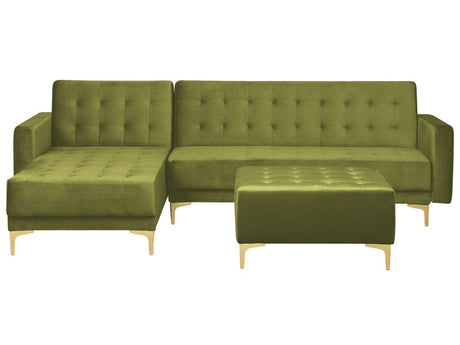 Corner Sofa Bed Teal Velvet Tufted Fabric Modern L-Shaped Modular 4 Seater with Ottoman Right Hand Chaise Longue Beliani