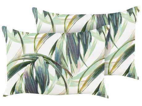 Set of 2 Garden Cushions Green and White Polyester Leaf Pattern 40 x 60 cm Modern Outdoor Decoration Water Resistant Beliani