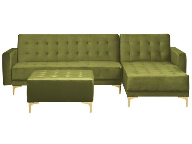 Corner Sofa Bed Green Velvet Tufted Fabric Modern L-Shaped Modular 4 Seater with Ottoman Left Hand Chaise Longue Beliani