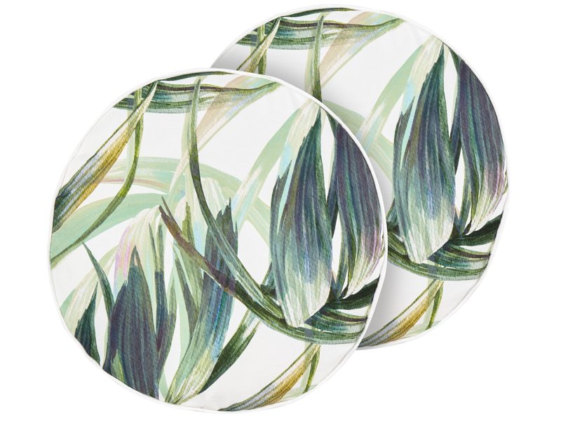 Set of 2 Garden Cushions Green and White Polyester Leaf Pattern ⌀ 40 cm Modern Outdoor Decoration Water Resistant Beliani