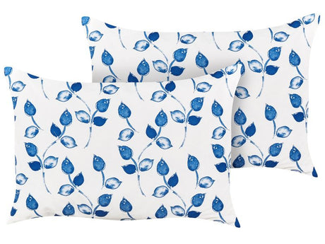 Set of 2 Garden Cushions White and Blue Polyester 40 x 60 cm Rectangular Leaf Pattern Motif Modern Design Throw Scatter Pillow Beliani