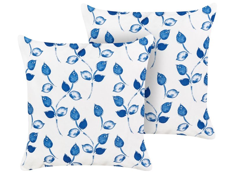 Set of 2 Garden Cushions White and Blue Polyester 45 x 45 cm Square Leaf Pattern Motif Modern Design Throw Scatter Pillow Beliani