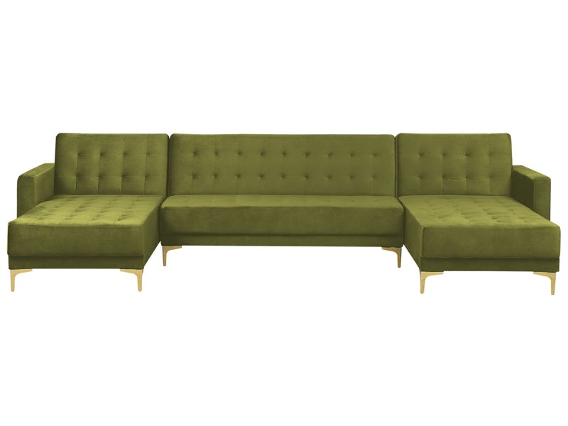 Corner Sofa Bed Green Velvet Tufted Fabric Modern U-Shaped Modular 5 Seater with Chaise Lounges Beliani