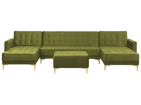 Corner Sofa Bed Green Velvet Tufted Fabric Modern U-Shaped Modular 5 Seater with Ottoman Chaise Lounges Beliani