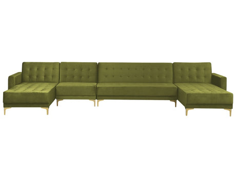 Corner Sofa Bed Green Velvet Tufted Fabric Modern U-Shaped Modular 6 Seater Chaise Lounges Beliani