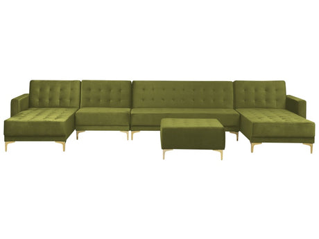 Corner Sofa Bed Green Velvet Tufted Fabric Modern U-Shaped Modular 6 Seater with Ottoman Chaise Lounges Beliani