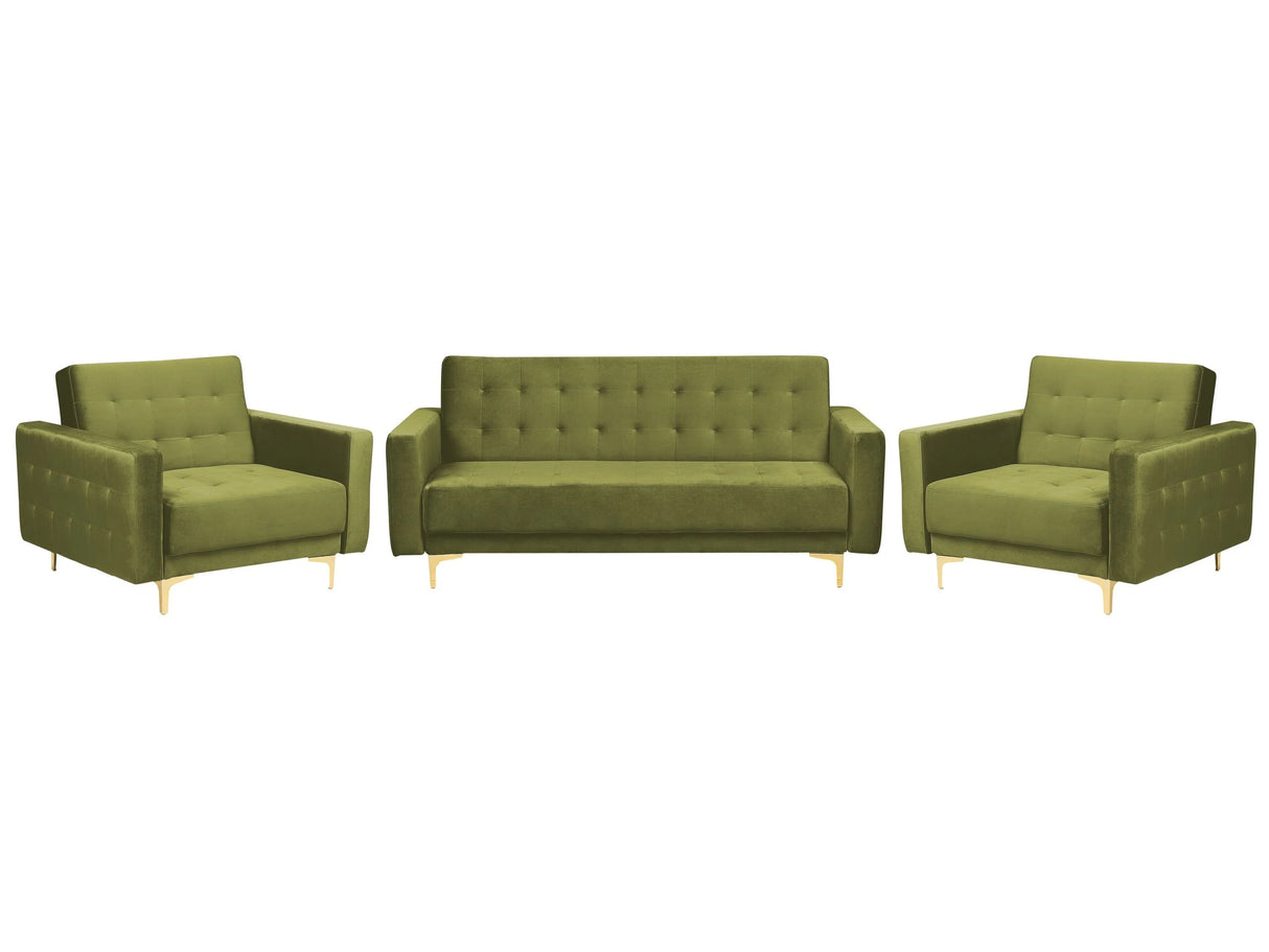 Living Room Set Green Velvet Tufted Fabric 3 Seater Sofa Bed 2 Reclining Armchairs Modern 3-Piece Suite Beliani