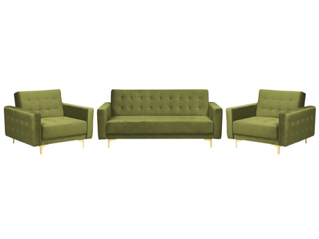 Living Room Set Green Velvet Tufted Fabric 3 Seater Sofa Bed 2 Reclining Armchairs Modern 3-Piece Suite Beliani