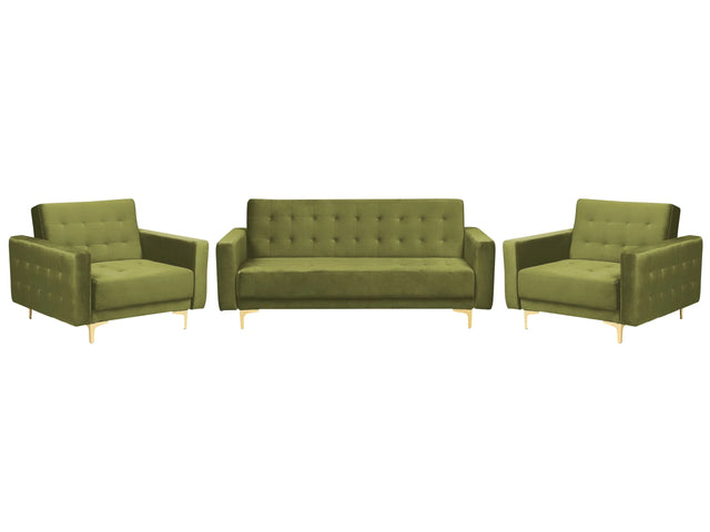 Living Room Set Green Velvet Tufted Fabric 3 Seater Sofa Bed 2 Reclining Armchairs Modern 3-Piece Suite Beliani