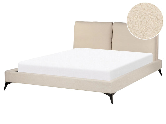EU King Size Panel Bed Beige Boucle Fabric 5ft3 Slatted Base with Padded Headboard Upholstered Modern Design Beliani