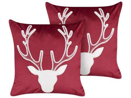 Set of 2 Scatter Cushions Red Velvet 45 x 45 cm Reindeer Motif Christmas Accessories Festive Decor Beliani