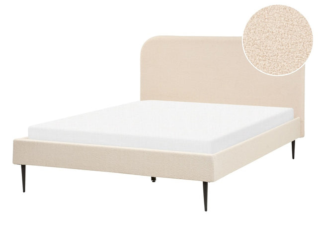 Bed Beige Boucle Upholstery EU Double Size 4ft6 Headboard Slatted Base Frame Black Legs Minimalist Design Beliani