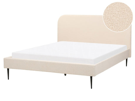 Bed Beige Boucle Upholstery EU King Size 5ft3 Headboard Slatted Base Frame Black Legs Minimalist Design Beliani