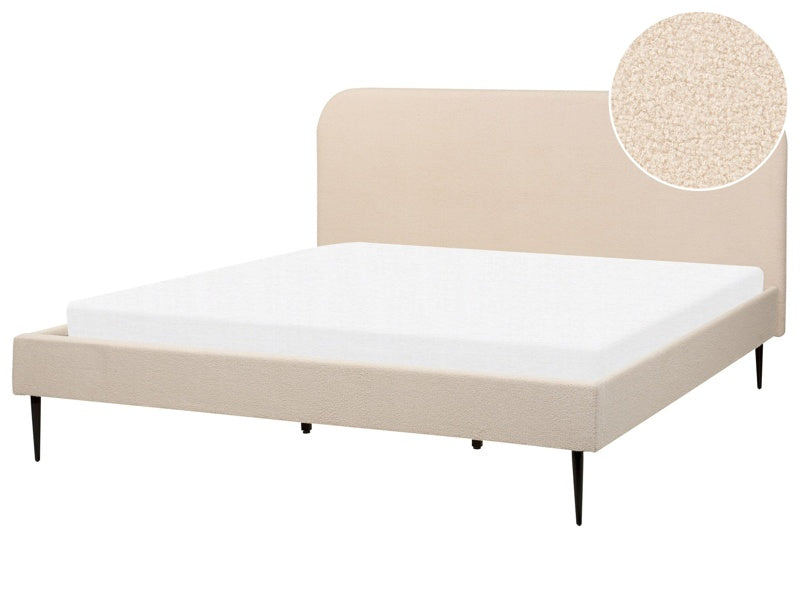 Bed Beige Boucle Upholstery EU Super King Size 6ft Headboard Slatted Base Frame Black Legs Minimalist Design Beliani