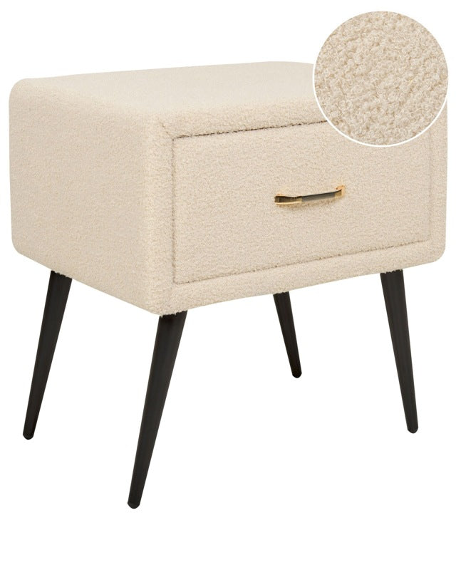 Bedside Table Beige Boucle Upholstery Nightstand with Drawer Minimalist Design Bedroom Furniture  Beliani