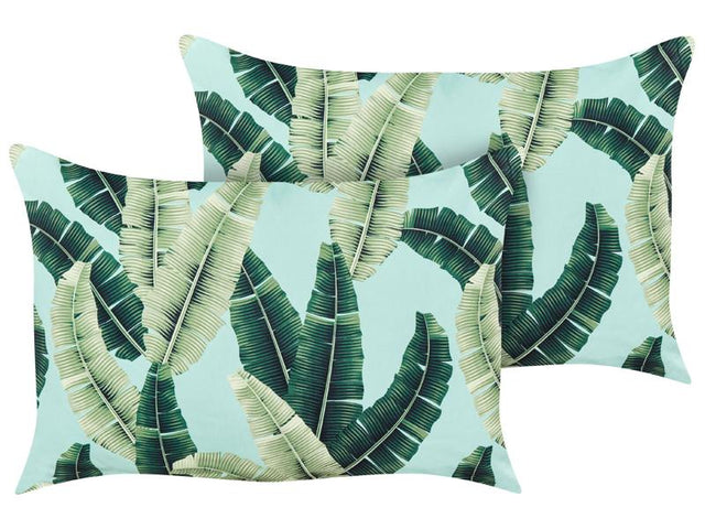 Set of 2 Garden Cushions Green Polyester 40 x 60 cm Rectangular Leaf Pattern Motif Modern Design Throw Scatter Pillow Beliani