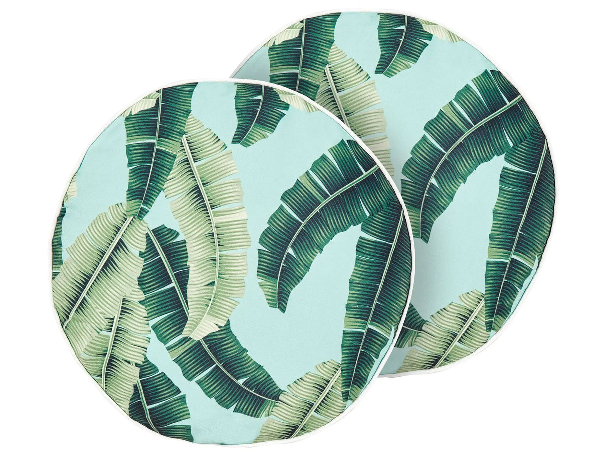 Set of 2 Garden Cushions Green Polyester  40 cm Round Leaf Pattern Motif Modern Design Throw Scatter Pillow Beliani