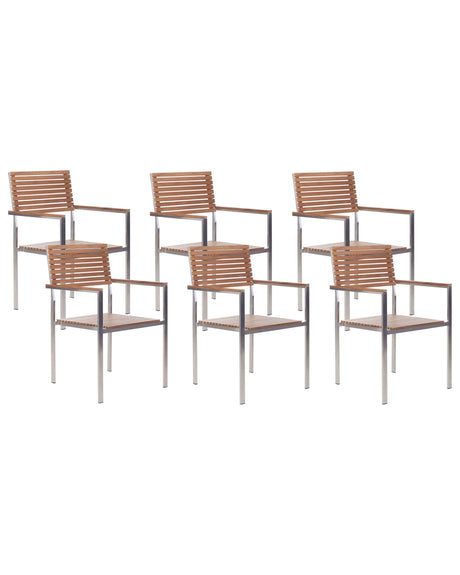 Set of 6 Garden Chairs Set Light Certified Teak Wood Silver Stainless Steel Frame Rust Resistant Classic Design Beliani