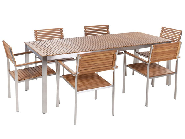 Garden Dining Set Certified Teak Wood Metal Frame 6 Seater 200 x 90 cm Slatted Design Modern Industrial Outdoor Beliani