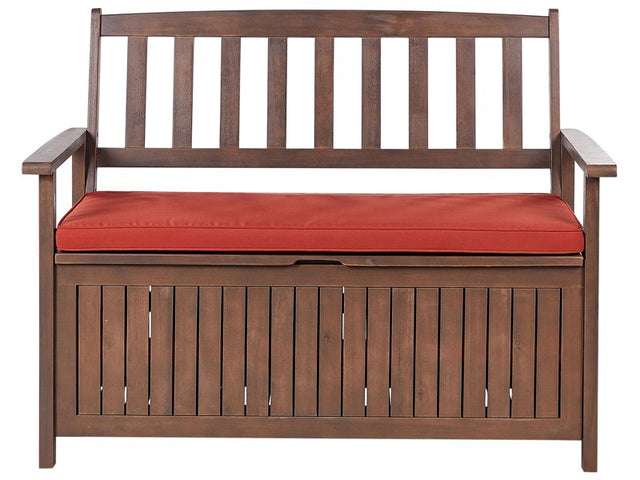 Garden Bench with Storage Dark Solid Acacia Wood Red Cushion 120 x 60 cm 2 Seater Outdoor Patio Rustic Traditional Style  Beliani