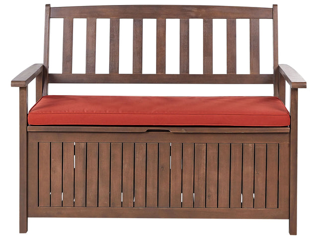 Garden Bench with Storage Dark Solid Acacia Wood Red Cushion 120 x 60 cm 2 Seater Outdoor Patio Rustic Traditional Style  Beliani