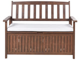 Garden Bench with Storage Dark Solid Acacia Wood White Cushion 120 x 60 cm 2 Seater Outdoor Patio Rustic Traditional Style  Beliani