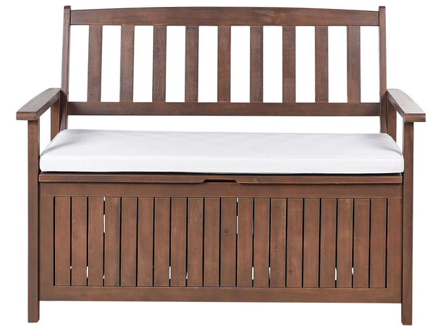 Garden Bench with Storage Dark Solid Acacia Wood White Cushion 120 x 60 cm 2 Seater Outdoor Patio Rustic Traditional Style  Beliani