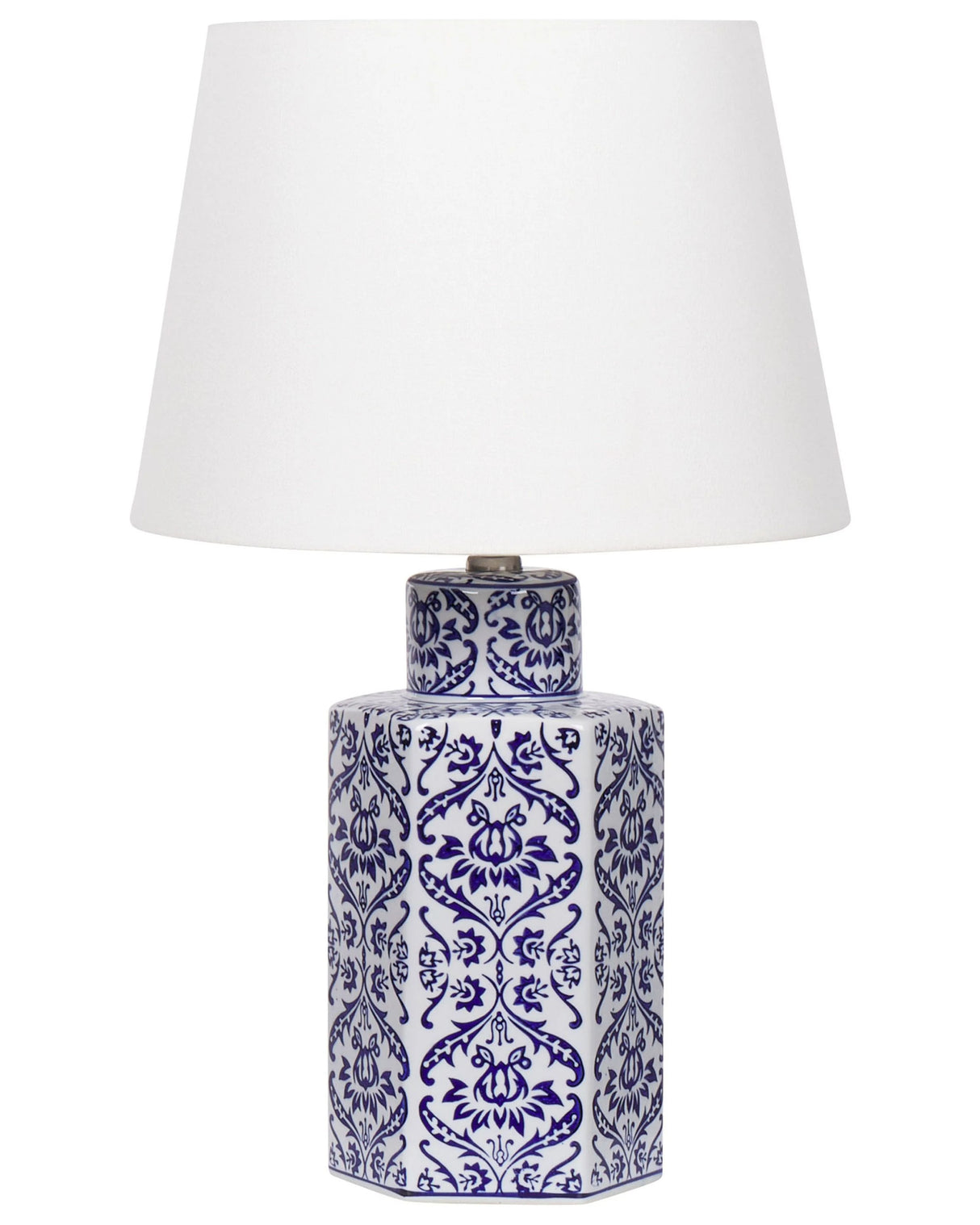 Bedside Table Lamp White and Blue Porcelain Base with Fabric Linen Shade Drum Shape 53 cm Modern Style Living Room Bedroom Beliani
