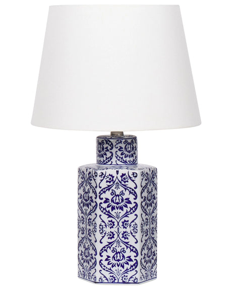 Bedside Table Lamp White and Blue Porcelain Base with Fabric Linen Shade Drum Shape 53 cm Modern Style Living Room Bedroom Beliani
