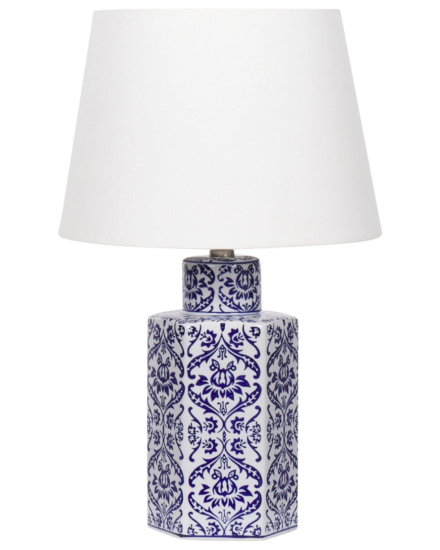 Bedside Table Lamp White and Blue Porcelain Base with Fabric Linen Shade Drum Shape 53 cm Modern Style Living Room Bedroom Beliani