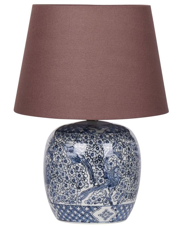 Bedside Table Lamp Blue and White Porcelain Base with Brown Fabric Linen Shade Drum Shape 53 cm Classic Style Living Room Bedroom Beliani