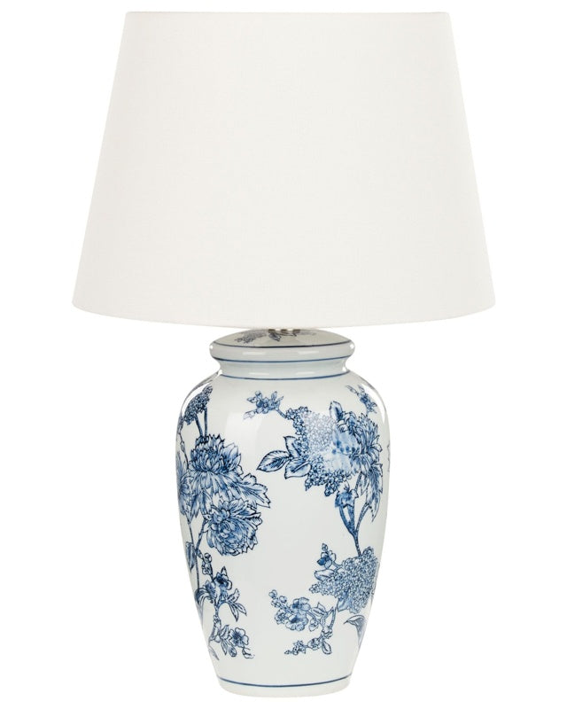 Bedside Table Lamp White and Blue Porcelain Base with Fabric Linen Shade Drum Shape 54 cm Classic Style Living Room Bedroom Beliani