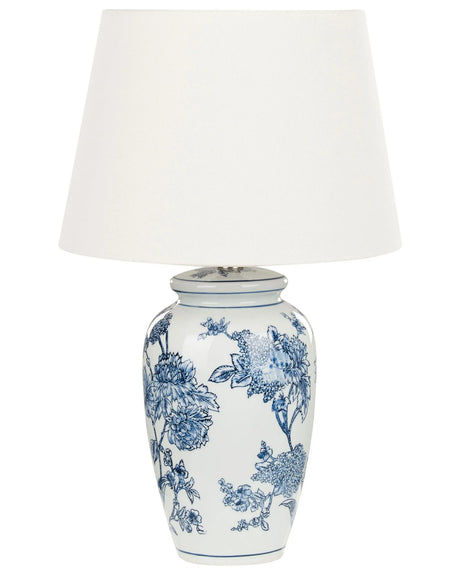 Bedside Table Lamp White and Blue Porcelain Base with Fabric Linen Shade Drum Shape 54 cm Classic Style Living Room Bedroom Beliani