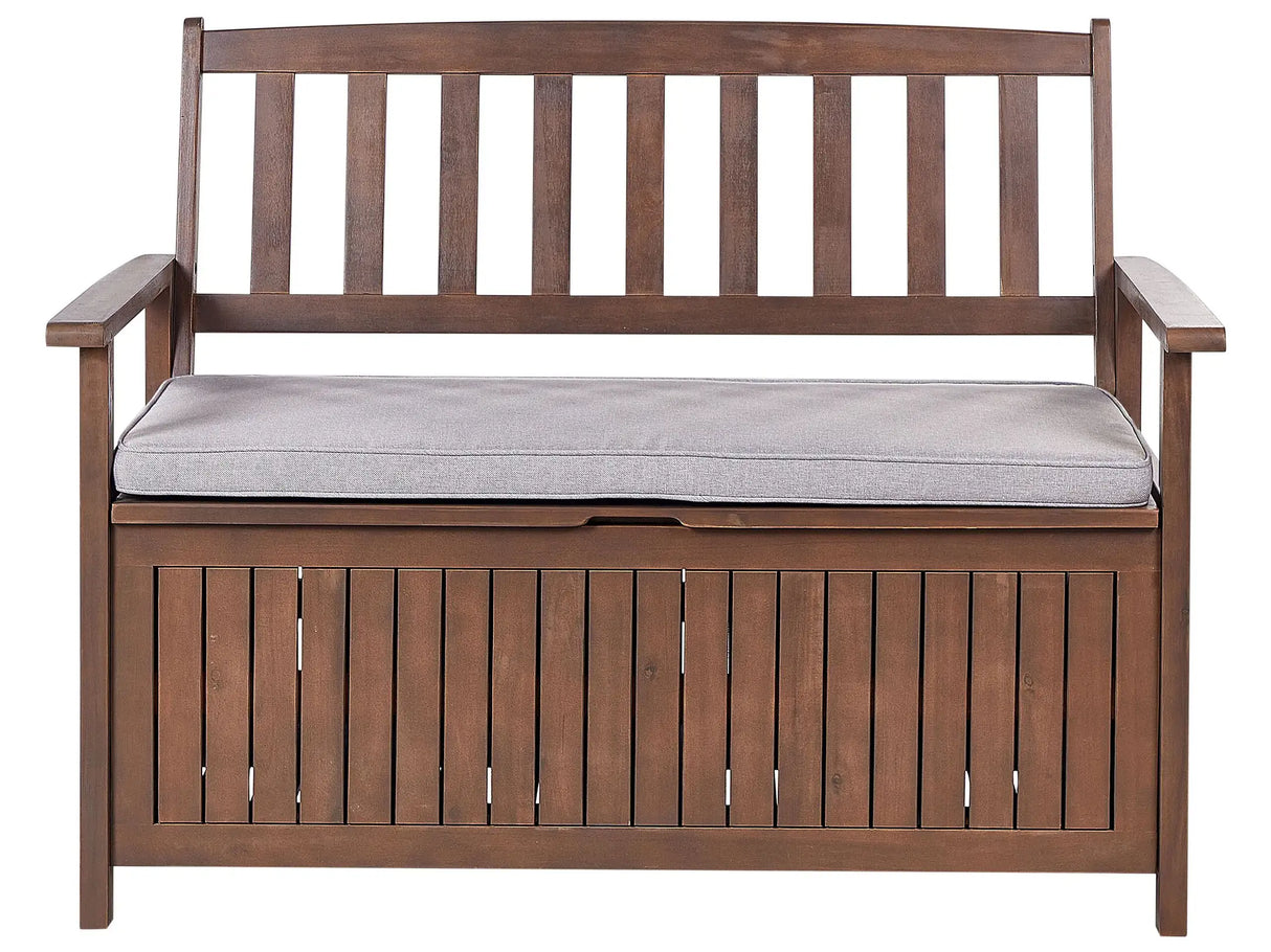 Garden Bench with Storage Dark Solid Acacia Wood Grey Cushion 120 x 60 cm 2 Seater Outdoor Patio Rustic Traditional Style  Beliani