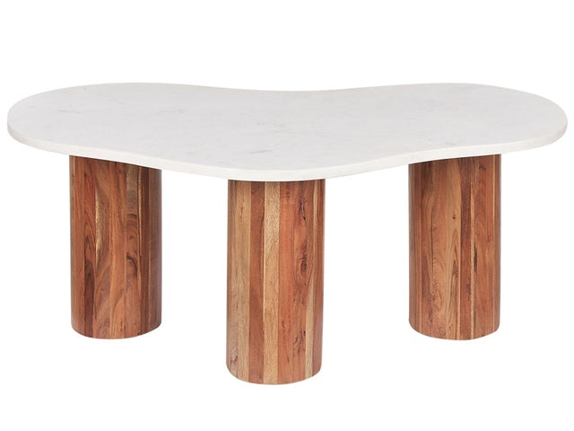 Coffee Table White Marble Acacia Wood Legs 90 x 45 x 35 cm Oval Top Shape Living Room Modern Minimalist Beliani