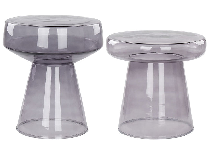 Set of 2 Side End Tables Transparent Grey Glass 37 x 37 x 43 / 39 x 39 x 40 cm Coffee Console Oval Designer Shape Living Room Modern Beliani